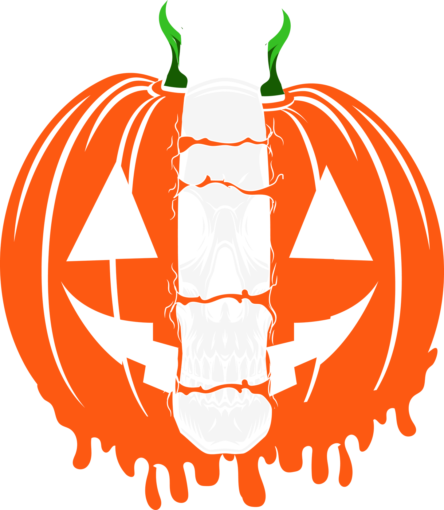 carved orange pumpkin melting face with white skeleton face intertwined and green horns