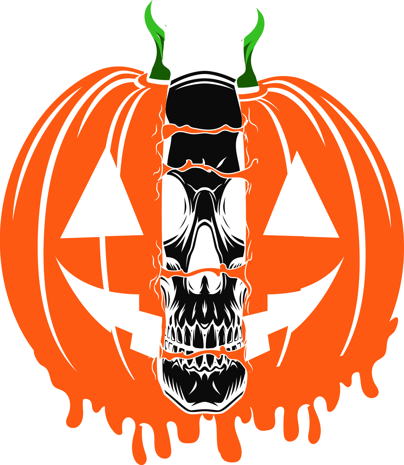 carved orange pumpkin melting face with black skeleton face intertwined and green horns