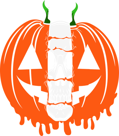carved orange pumpkin melting face with white skeleton face intertwined and green horns