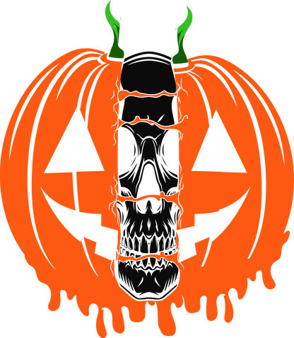 carved orange pumpkin melting face with black skeleton face intertwined and green horns