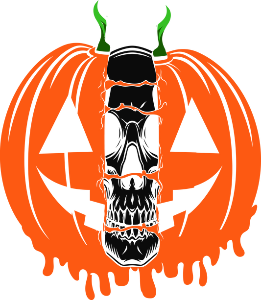 carved orange pumpkin melting face with black skeleton face intertwined and green horns