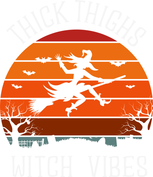Thick Thighs Witch Vibes DTF Transfer | Funny Retro Halloween Shirt Print | Spooky Season Witch Broom Design | Cute Trendy Fall DTF